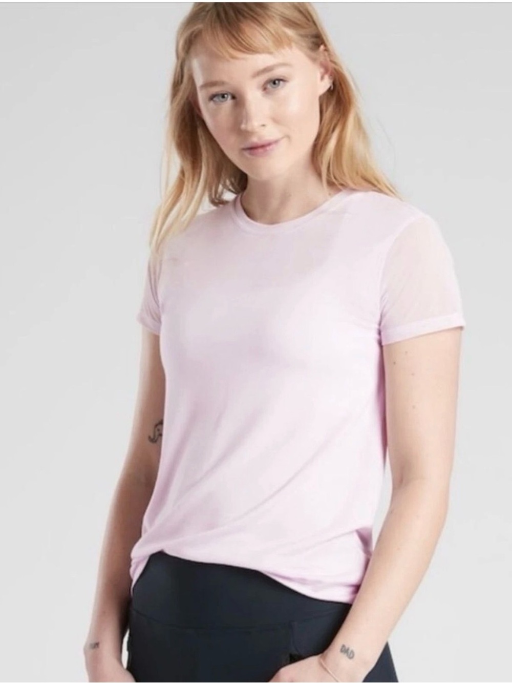 Athleta Light Pink Short Sleeve Crew Tee with Mesh Sleeves